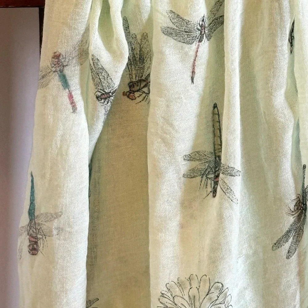 Lightweight Light Green Scarf With Dragonflies And Flowers  27